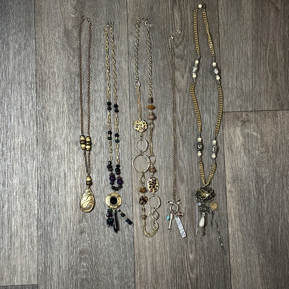 Lot Of 5 Long Modern Gold Tone Bronze Necklaces Beads Charms Coin Medallion